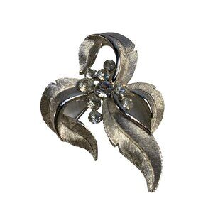 Vtg Crown Trifari Brooch Pin SilverTone Filigree Leaves Lucite Rhinestone Signed